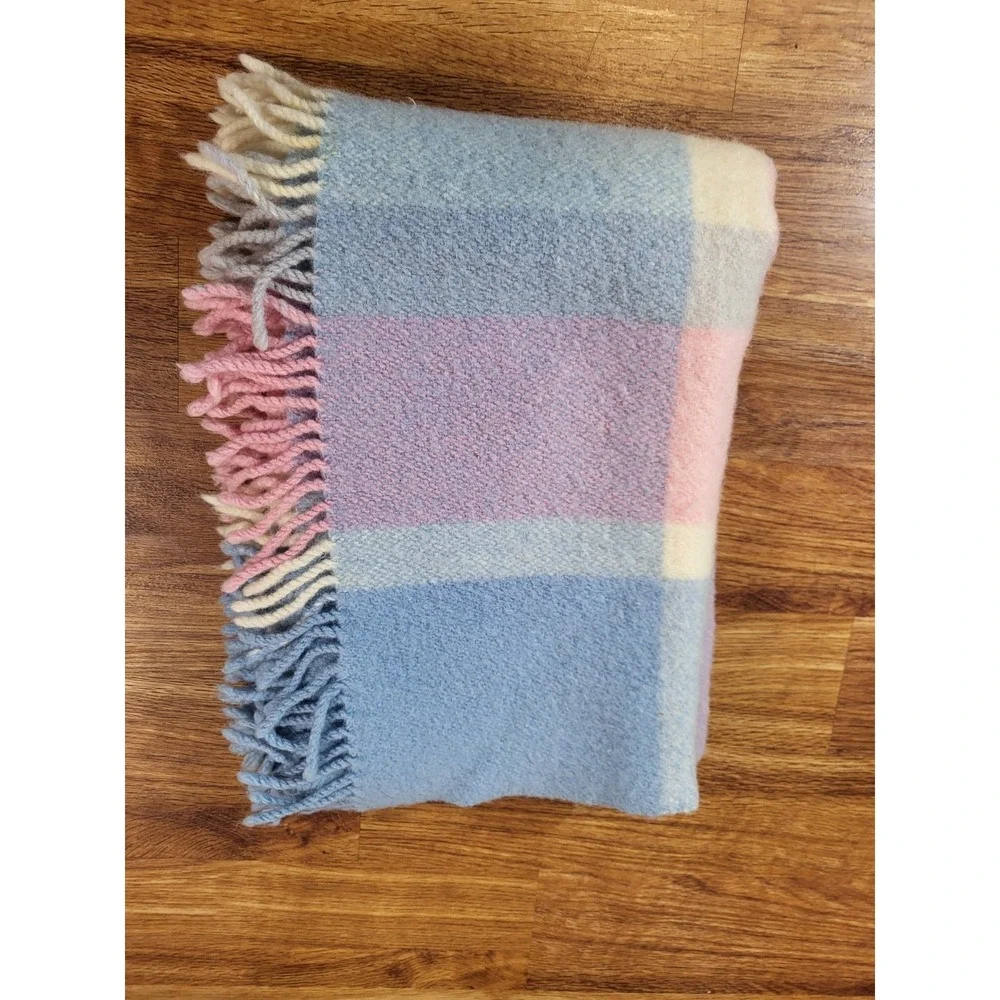 Otterburn Mill Pram Blanket - 1960s - 100% Pure New Wool - Tartan Blue Pink